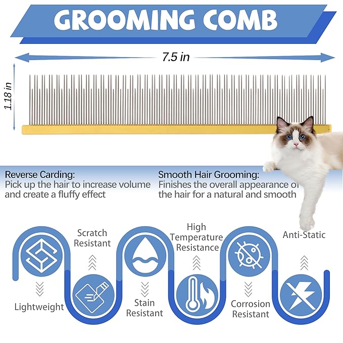 8.5 Inch Dual Tooth Pet Comb for Mats and Tangles，Professional Grooming Flea Comb Removing Excess Hair for Long-Haired Cats and Dog Kit,Prevent Undercoat, Excess Hair,Mats and Tangles,Pet Essential