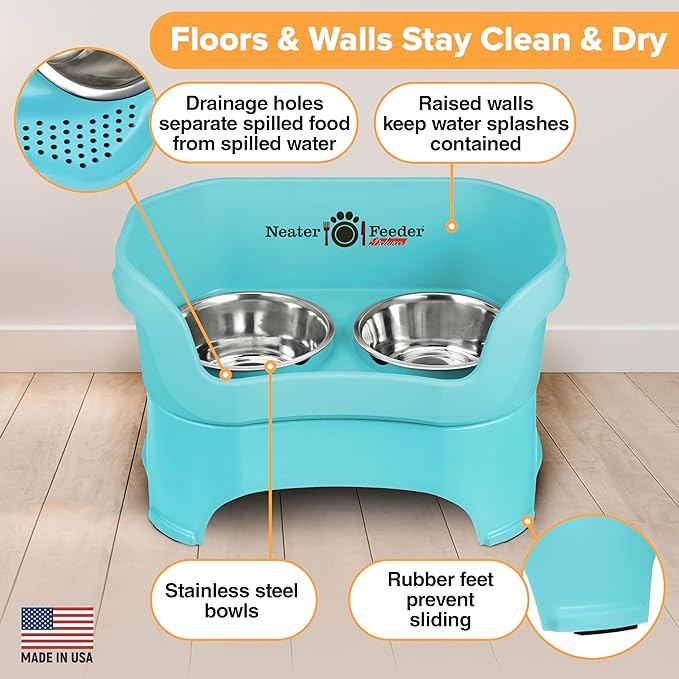 Neater Feeder Deluxe Mess Proof Dog Bowls Elevated for Large Breed – Made in USA – No Spill Raised Dog Food Bowl Stand – Stainless Steel Food and Water Bowl Set, Pet Dish Feeding Station, Aquamarine