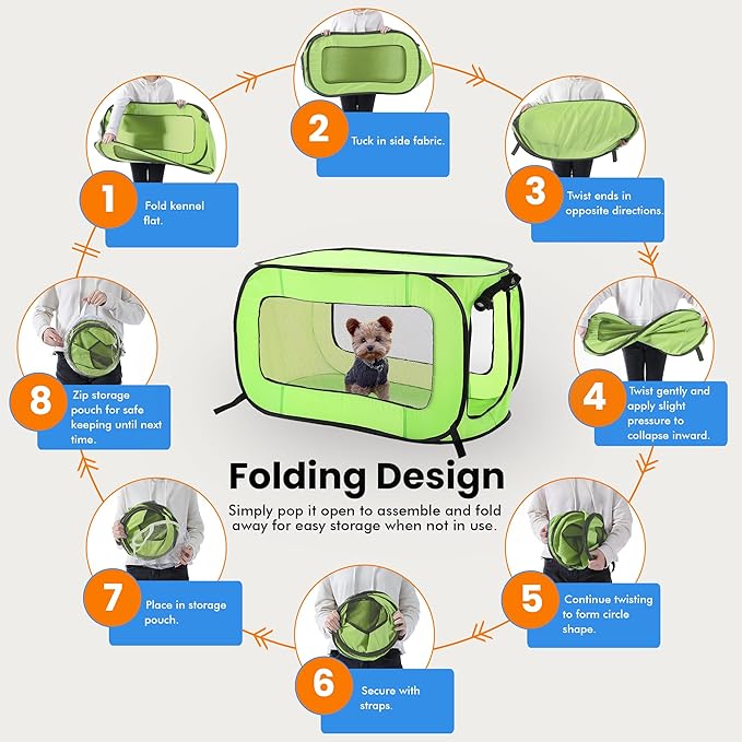 Beatrice Home Fashions Portable, Collapsible, Pop Up Kennel Travel Cat and Dog Crate, 24" L x 16.6" W x 16" H, Green