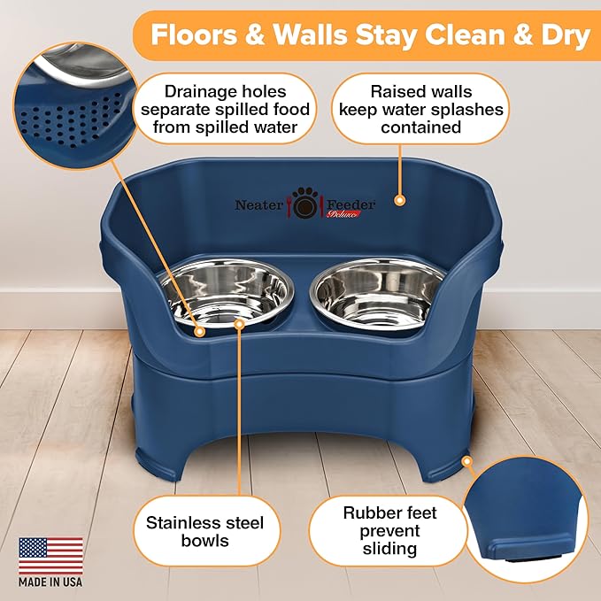 Neater Feeder Deluxe Mess Proof Dog Bowls Elevated for Large Breed – Made in USA – No Spill Raised Dog Food Bowl Stand – Stainless Steel Food and Water Bowl Set, Pet Dish Feeding Station, Dark Blue