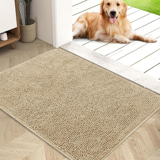 OLANLY Dog Door Mat for Muddy Paws 40x32, Absorbs Moisture and Dirt, Absorbent Non-Slip Washable Mat, Quick Dry Chenille, Mud Mat for Dogs, Entry Indoor Door Mat for Inside Floor, Beige