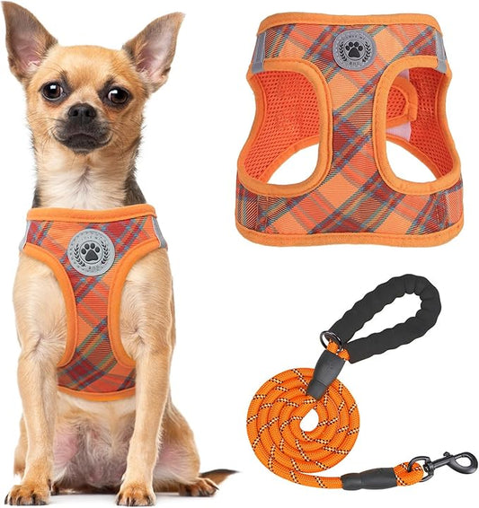 BEAUTYZOO Step in Dog Harness and Leash Set, Reflective Dog Harness No Pull No Choke Puppy Harness for Extra Small Dogs Cats, Soft Padded Mesh Vest Harnesses for Girl and Boy Pets, Orange Plaid XS