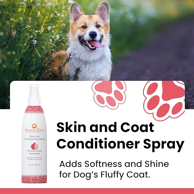 Scented Dog Coat Spray – Cleansing, Conditioning, Moisturizing – Toxin Free, Healthy Ingredients – Aromatic Grooming Puppy Spray – Loosens Knots, Tangles – 4.5 Oz., Pomegranate Cucumber