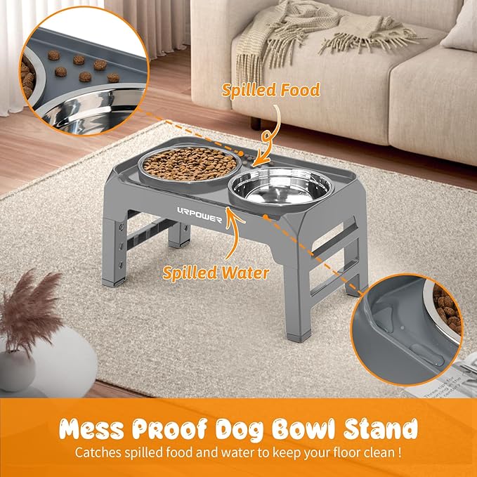 URPOWER 4 Height Adjustable Elevated Dog Bowls - 50oz Large Capacity Stainless Steel Bowls, No-Spill Edge, Non-Slip Stand for Small, Medium, Large Dogs & Pets
