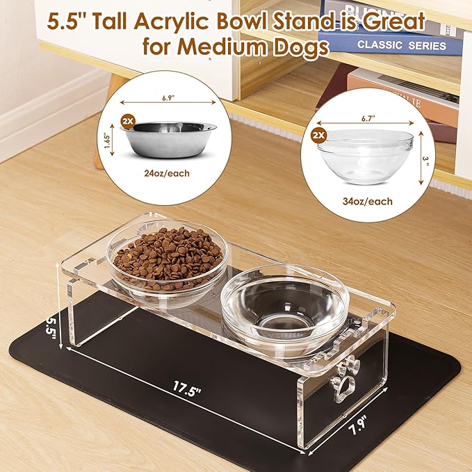 Dog and Cat Bowls Elevated Set - Acrylic Feeder Stand with 2 Set Removable Stainless Steel and Glass Bowls Food and Water Raised Dishes for Medium Dogs,5.5 inches
