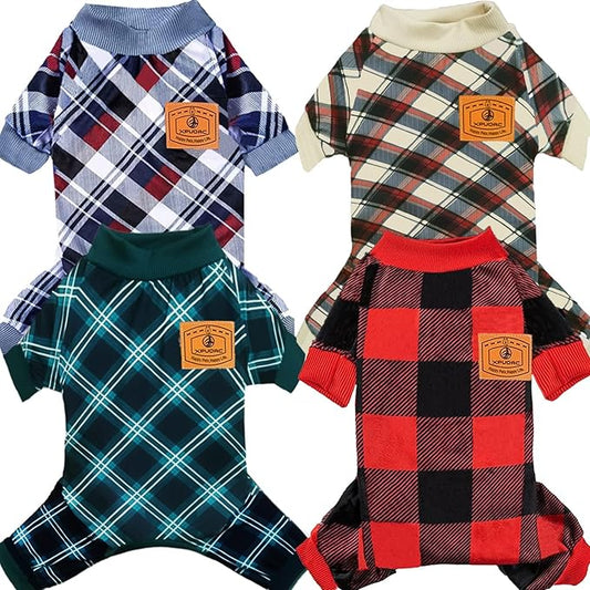 XPUDAC 4 Pack Dog Pajamas for Small Dogs Cats Plaid Doggie Clothes Puppy Onesies Christmas Pajamas Jumpsuits Pet Pjs Shirt Apparel X-Small, Red Green Khaki Grey