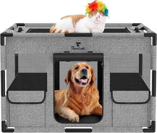 Cat Dog Playpen, 91x61x61cm Portable Puppy Playpen Dog Play Pen Indoors with Cover and Gate, Tear Resistant Thickened Fabric Waterproof Bottom Breathable Mesh Dog Fence, Gray & Black