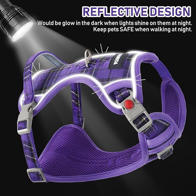 GAMUDA Dog Harness Collar and Leash Set, Dog Harness, No Chock No Pull Adjustable Vest Harnesses Plaid Reflective for Medium Dog, Cat, Small Horse, Small Bull and Pig (Purple, L)