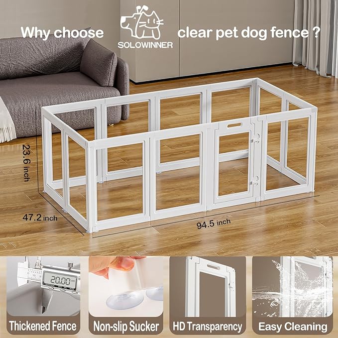Clear Acrylic Dog Playpen Transparent Dog Playpen Indoor, Easy Assemble Clear Pet Pen for Puppy Bunny Cat Pig, Sturdy & Easy Cleaning Plastic Dog Puppy Fence (23.6" H, 12PCS)