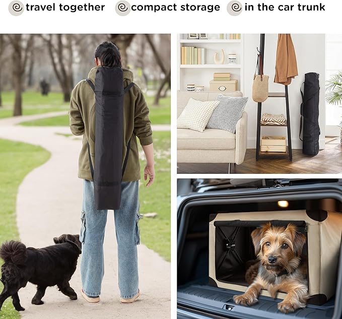 Collapsible Dog Crate - 32 Inch Portable Foldable Travel Crates for Medium Dogs with Detachable Storage Bag, Removable Pad, and Mesh Windows for Outdoor & Indoor (Beige)