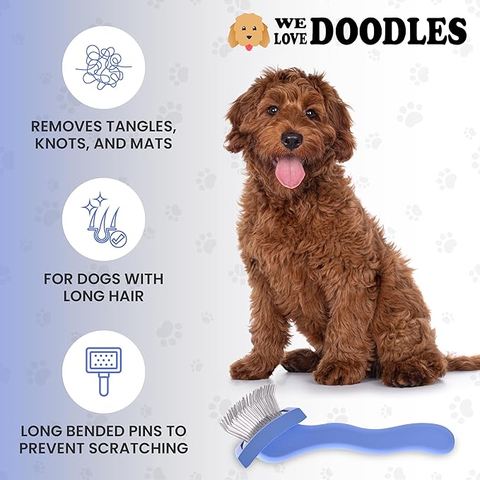 We Love Doodles Dog Slicker Brush for Grooming Pet Hair - Best Brushes For Poodle & Golden Doodle - Long Haired Brush For Dogs - Goldendoodle Long Pin Comb For Dematting (Medium Curved)