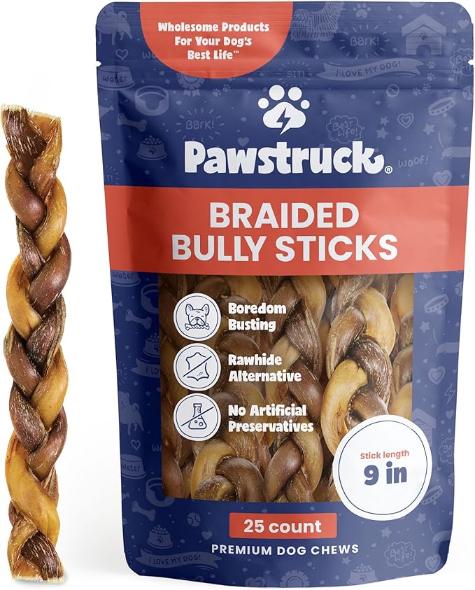 Pawstruck Natural 9” Braided Bully Sticks for Dogs - Tough Long Lasting, Rawhide Free, Low Odor, Healthy Single Ingredient Chew Treat for Aggressive Chewers - 25 Count - Packaging May Vary