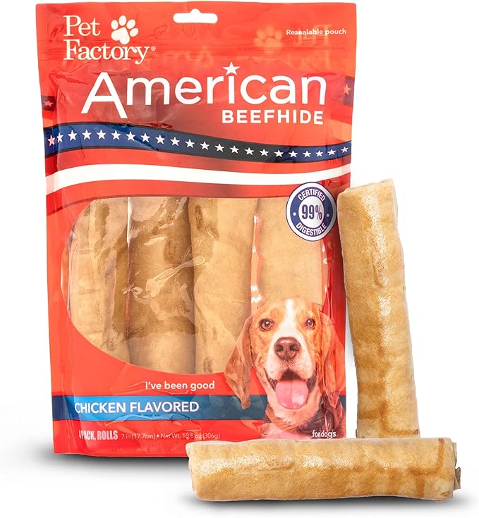 Pet Factory American Beefhide 7" Rolls Dog Chew Treats - Chicken Flavor, 4 Count/1 Pack