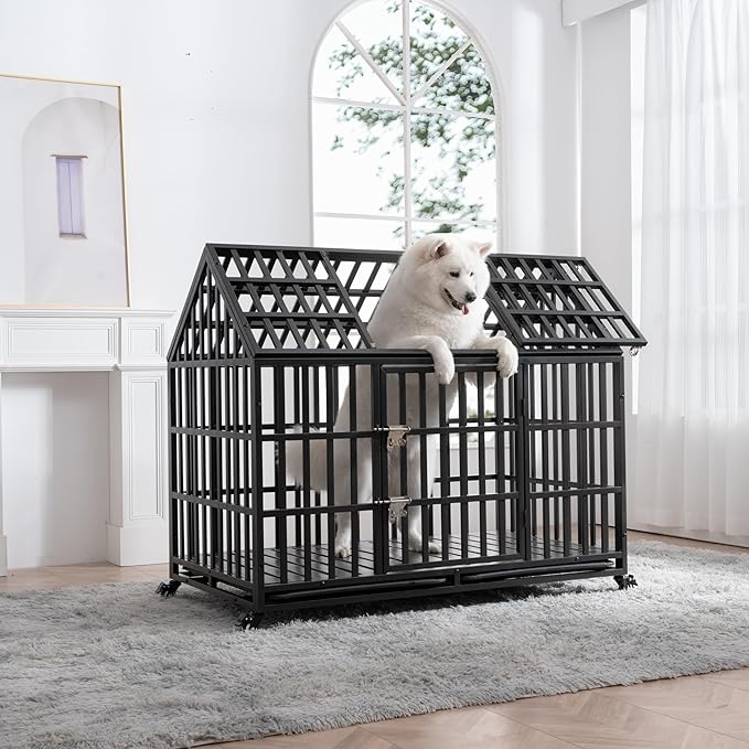 NicBex 51.2 Inch Heavy Duty Dog Crate Strong Metal Pet Kennel Playpen and Crate with Roof,Removable Trays and 4 Lockable Wheels,Furniture Style Dog Crate for Medium/Large Dogs,Black