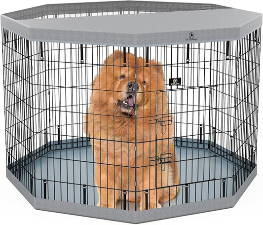 PJYuCien Puppy Playpen，8 Panels 42”H Dog Playpen with Gery Bottom Pad and Grey Top Cover，Metal Foldable Dog Exercise Pen for Indoor，Better for Small Pets