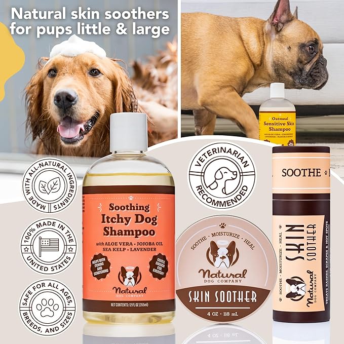 Natural Dog Company Grooming Bundle with (1) Itchy Dog Shampoo,12 oz. and (3) Grooming Wipes, 50 Count Each