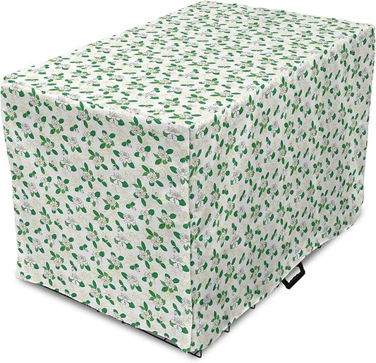 Lunarable Jasmine Dog Crate Cover, Gardenia Simplistic Romantic Flowers Continuous Pattern, Easy to Use Pet Kennel Cover for Medium Large Dogs, 36 Inch, Fern Green Pastel Yellow