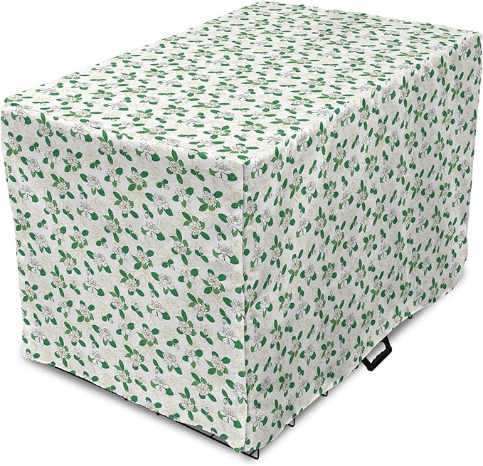 Lunarable Jasmine Dog Crate Cover, Gardenia Simplistic Romantic Flowers Continuous Pattern, Easy to Use Pet Kennel Cover for Medium Large Dogs, 48 Inch, Fern Green Pastel Yellow