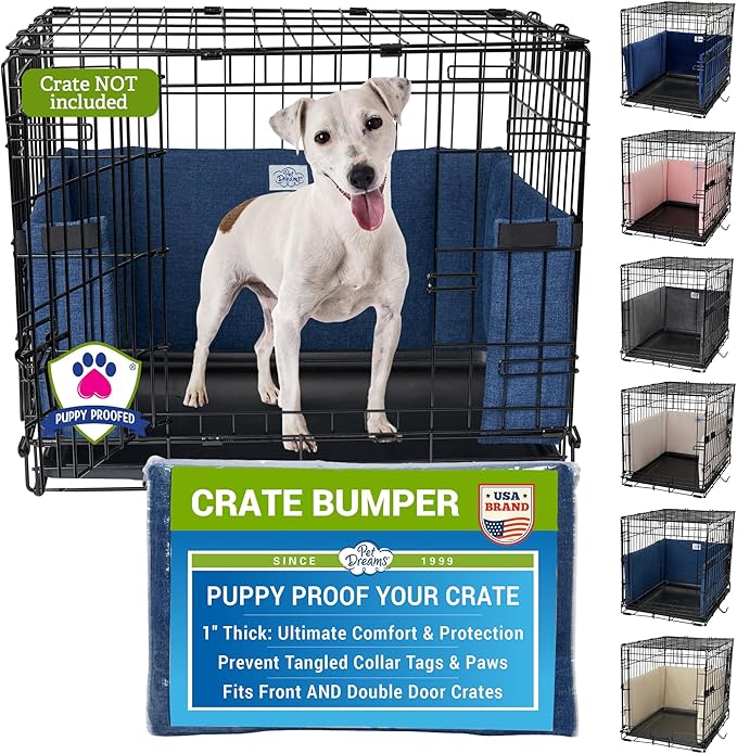 Pet Dreams Dog Crate Bumper - Comfy Liner & Dog Tail Protector for Inside Crate, Fits iCrate Cages 18, 24, 30, 36, 42, 48 Inches (Denim, X-Large, 42")