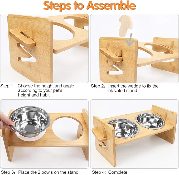 Raised Dog Bowl, Elevated Dog Bowls, Tilted Pet Food Water Bowl, Slanted Bamboo Feeding Station with Stainless Steel Bowls for Small & Medium Dogs, Cat Kitten Flat Faced French Bulldog Puppy Feeder