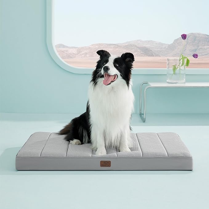 Bedsure Cooling Gel Foam Dog Bed for Large Dogs, Waterproof Orthopedic Egg Foam Dog Bed for Outdoor, Summer Comfort Pet Mats for Crate with Washable Cover(41"x29", Grey)