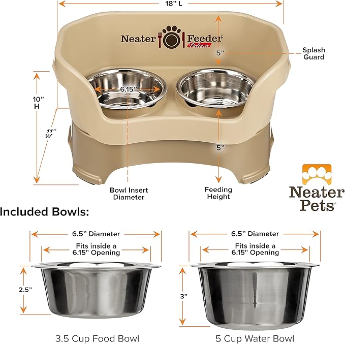 Neater Feeder Deluxe Mess Proof Dog Bowls Elevated Medium Sized Dog Breed – Made in USA – No Spill Raised Dog Food Bowl Stand – Stainless Steel Food and Water Bowl Set, Pet Feeding Station, Cappuccino