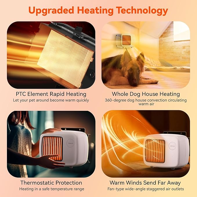 Dreyoo Dog House Heater with Thermostat, Pet House Heater with 6FT Anti Chew Cord and Safe Overheat Protection, 2 Heating Mode (200/400W) Pet House Furnace for Dogs Chicken Coops Rabbits(White,2 Pcs)