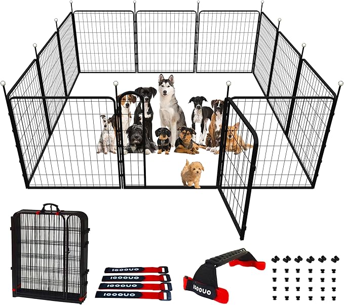 Dog Play Pen Indoors/Outdoor,32'' Portable Dog Crates with Easy-Carry Straps,12 Panels Dogs Pen Play Pen for Medium/Large Dogs,Rustproof Metal Pet Playpen for Camping RV Yard (with Two Doors)