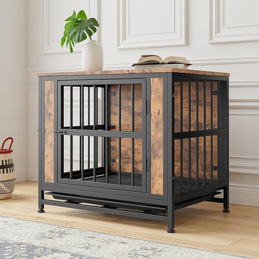 Ball & Cast 27.48" Wooden Dog Kennel with 2 Sliding Doors,Decorative Pet Crate Furniture with Pull-Out Tray,Thick Iron Frame Indoor Dog Cage for Small Dogs,Easy Assembly,Rustic Brown