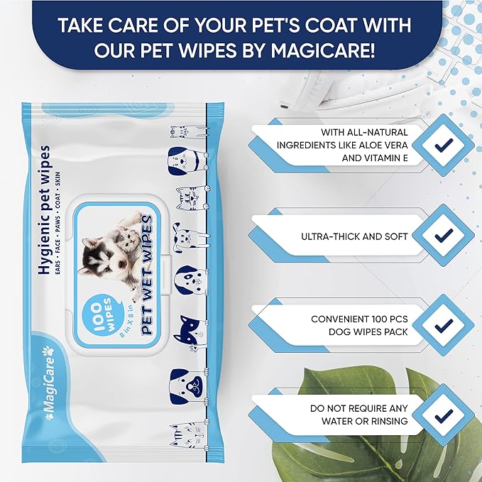 MAGICARE Pet Wipes – 100 pcs Dog Wipes – 8x8 Inch Unscented Dog Paw Cleaner Wipes for Body, Ears, Face, and Skin – Ultra Thick and Soft with Hypoallergenic Formula – Ideal Pet Wipes for Dogs & Cats
