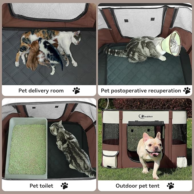 Dog Cat Playpen28/31/35in, Pet Puppy Portable Playpens for Outdoor Travel Crate, Indoor After Surgery Use, Foldable Dog Kennel Tent for Rabbit or Small Animals and Tent Stakes(Brown, Medium)