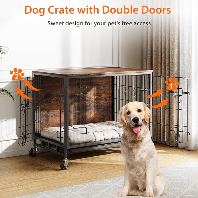 Dog Crate Furniture, 27.2" Wooden Dog Kennel with Wheels & Double Doors, Dog Cage End Table Upgraded, Indoor Dog Crate House for Small Medium Dogs, Rustic Brown