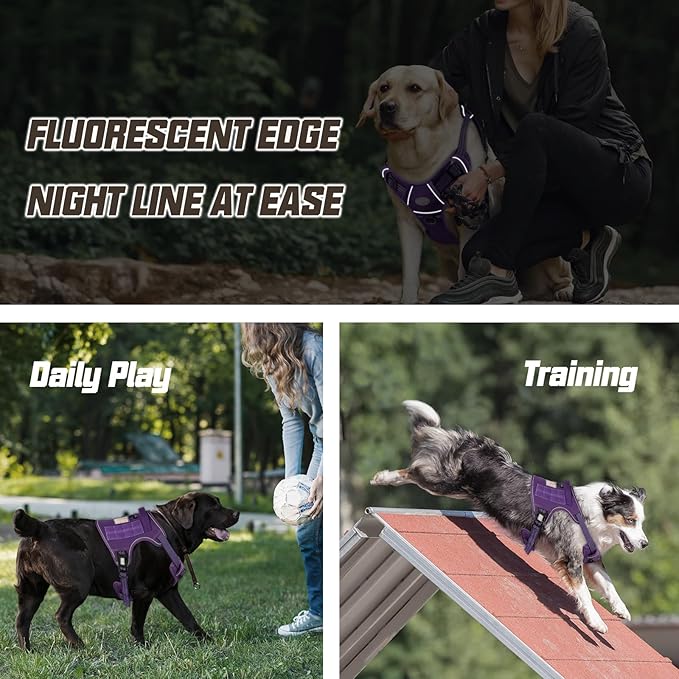 AUROTH Tactical Dog Harness for Large Dogs No Pull Adjustable Pet Harness Reflective K9 Working Training Easy Control Pet Vest Military Service Dog Harnesses Purple L