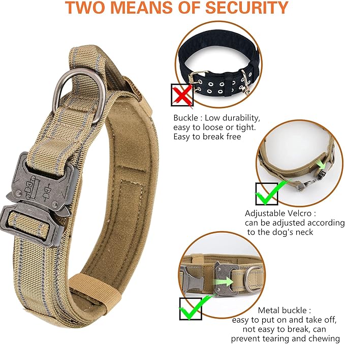 KCUCOP Tactical Dog Collar, Heavy Duty Dog Collar with Handle and Metal Buckle, Military Thick Dog Collars for Medium and Large Dogs(Brown-XL-Reflective, 1 Patch)