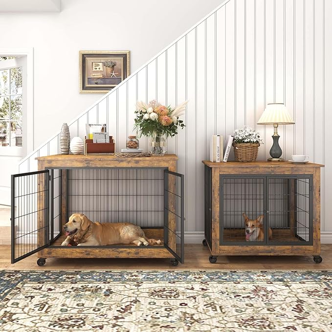 Dog Crate Furniture Dog Kennel for Home Indoor Use Furniture Dog Crate with Double Doors for Medium Large Dog 38.58" W x 25.2" D x 27.17" H Rustic Brown