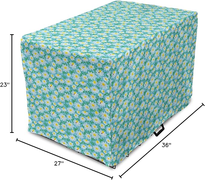 Lunarable Yellow and Blue Dog Crate Cover, Meadow Art Pattern with Ladybirds and Chamomile Daisy Blossoms, Easy to Use Pet Kennel Cover for Medium Large Dogs, 36 Inch, Aqua White Marigold