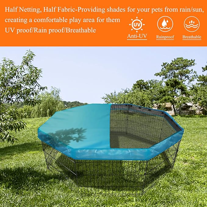 PJYuCien Dog Playpen Mesh Top Cover, Fits 24 Inch 8 Panels Regular Octagon Metal Exercise Pet Pen, Adhesive Tape Connections, Blue (Note: Cover Only, Fence Not Included)