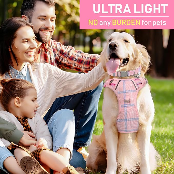 GAMUDA Dog Harness Collar and Leash Set, Dog Harness, No Chock No Pull Adjustable Vest Harnesses Plaid Reflective for Medium Dog, Cat, Small Horse, Small Bull and Pig (Pink, XS)