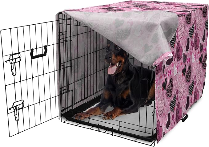 Lunarable Hearts Dog Crate Cover, Sewing Themed Love with Polka Dots Valentine's Day Inspired Image, Easy to Use Pet Kennel Cover for Medium Large Dogs, 42 Inch, Pink Black White