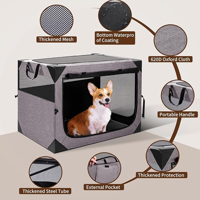 Dog Crate,30x21x21 Inch Large Dog Crate for Large or Medium Dogs, Portable and Foldable Design of Dog Cage, Perfect for Travel or Home Use, Dog Kennel with 3-Door and Durable Mesh Windows, Light Grey