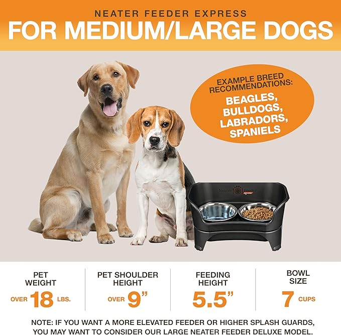 Neater Feeder Express Mess Proof Dog Bowls Elevated for Large and Medium Sized Dog, No Spill Raised Dog Food Bowl Stand, Stainless Steel Dog Food and Water Bowl Set, Elevated Dog Bowl, USA Made, Black