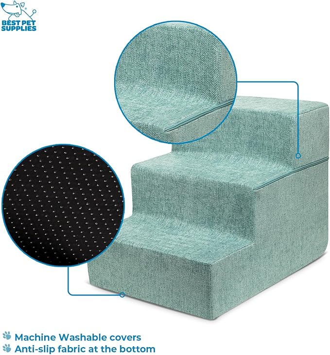 Best Pet Supplies Portable Foldable Foam Pet Stairs/Steps for Couch, Sofa, and High Bed, Non-Slip Bottom Balanced Paw Safe - Pale Teal, Foldable 3-Step (H: 16.5")