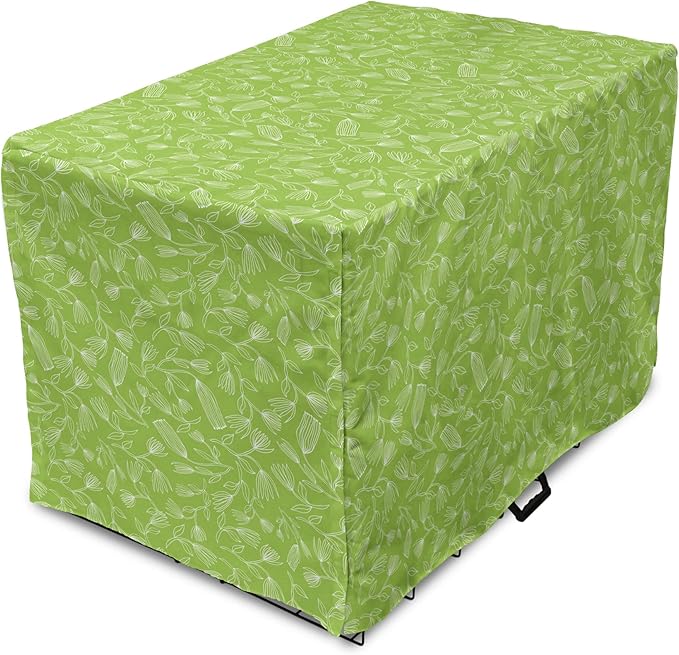 Ambesonne Floral Dog Crate Cover, Vintage Inspired Simplistic Outline Flowers Nature Botany Art Repetition, Easy to Use Pet Kennel Cover for Small Dogs Puppies Kittens, 22 Inch, Lime Green and White