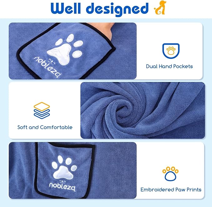 Nobleza Dog Towel, Super Absorbent Large Pet Towel with Hand Pockets, Microfiber Quick Drying Dog Towels for Drying Dogs, Mazarine