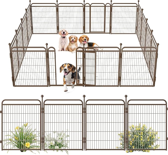 Gardner Pet Dog Playpens, 32" H 16 Panels Dog Pen Outdoor/Indoor Dog Fence Exercise Pen for Small/Medium/Large Dogs, Foldable Pet Play Yard Gate with Gravity Automatic Lock, Pet Playpen, Brown