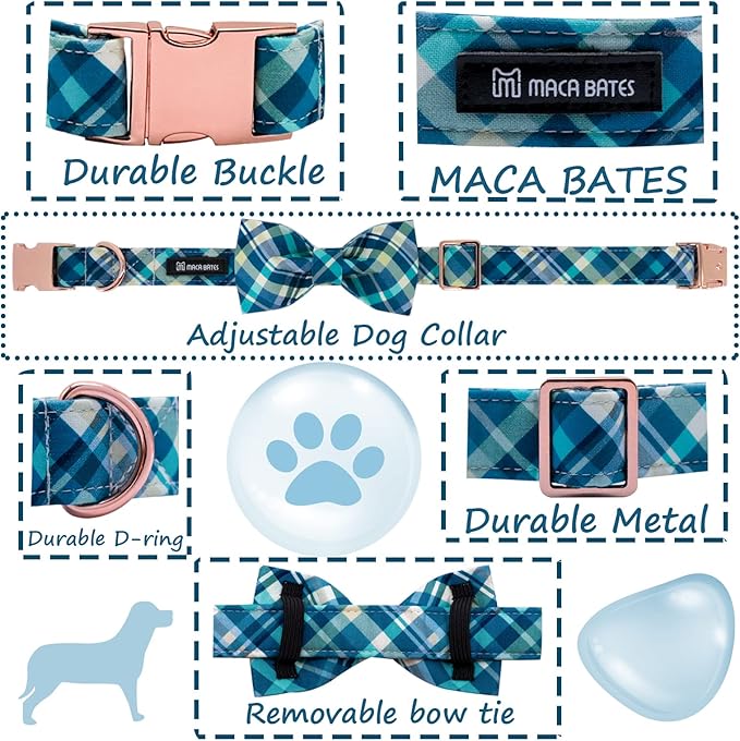 Maca Bates Plaid Blue Dog Collar with Checkered Bow Bowtie for Grid Dogs Bows Tie Adjustable Breakaway Collars Birthday Gift Colar for Small Medium Large XL Girl Boy Male Female Puppy Pets