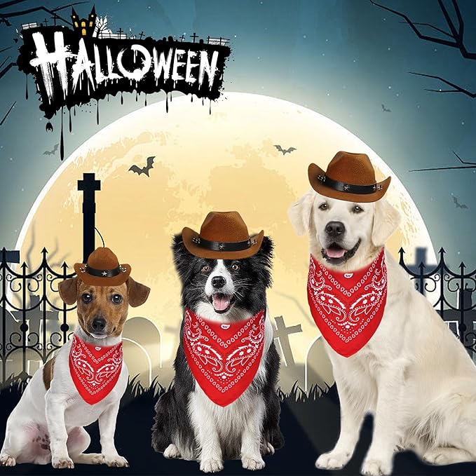 Dog Halloween Costumes, Dog Cowboy Costume Halloween Pet Cowboy Hat Bandana Scarf for Small Medium Large Dogs Pets (Brown Hat & Red Bandana, Small)