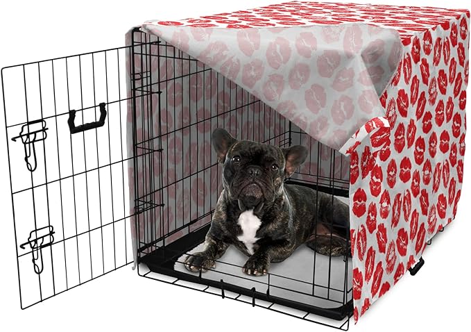 Lunarable Kiss Dog Crate Cover, Rhythmic Make up Red Luscious Lips Lipstick Imprint Illustration, Easy to Use Pet Kennel Cover for Cats & Medium Dogs, 24 Inch, Dark Pink and White