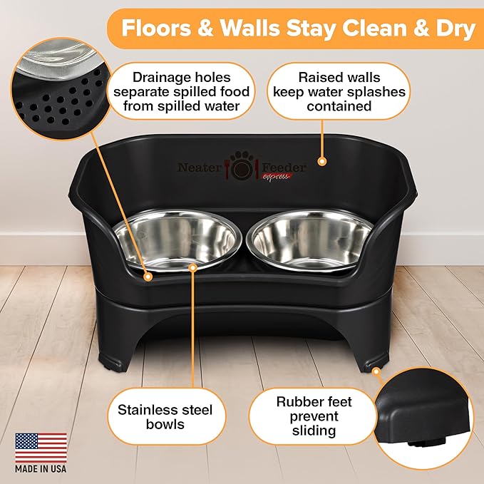Neater Feeder Express Mess Proof Dog Bowls Elevated for Large and Medium Sized Dog, No Spill Raised Dog Food Bowl Stand, Stainless Steel Dog Food and Water Bowl Set, Elevated Dog Bowl, USA Made, Black
