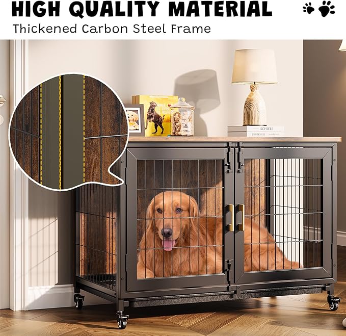 37.4 Inch Large Dog Crate Furniture, Heavy Duty Dog Kennel Furniture with Wheels, Grid Base, Removable Base, Decorative Dog Cage Crate Table, Indoor Dog House for Entryway, Living Room